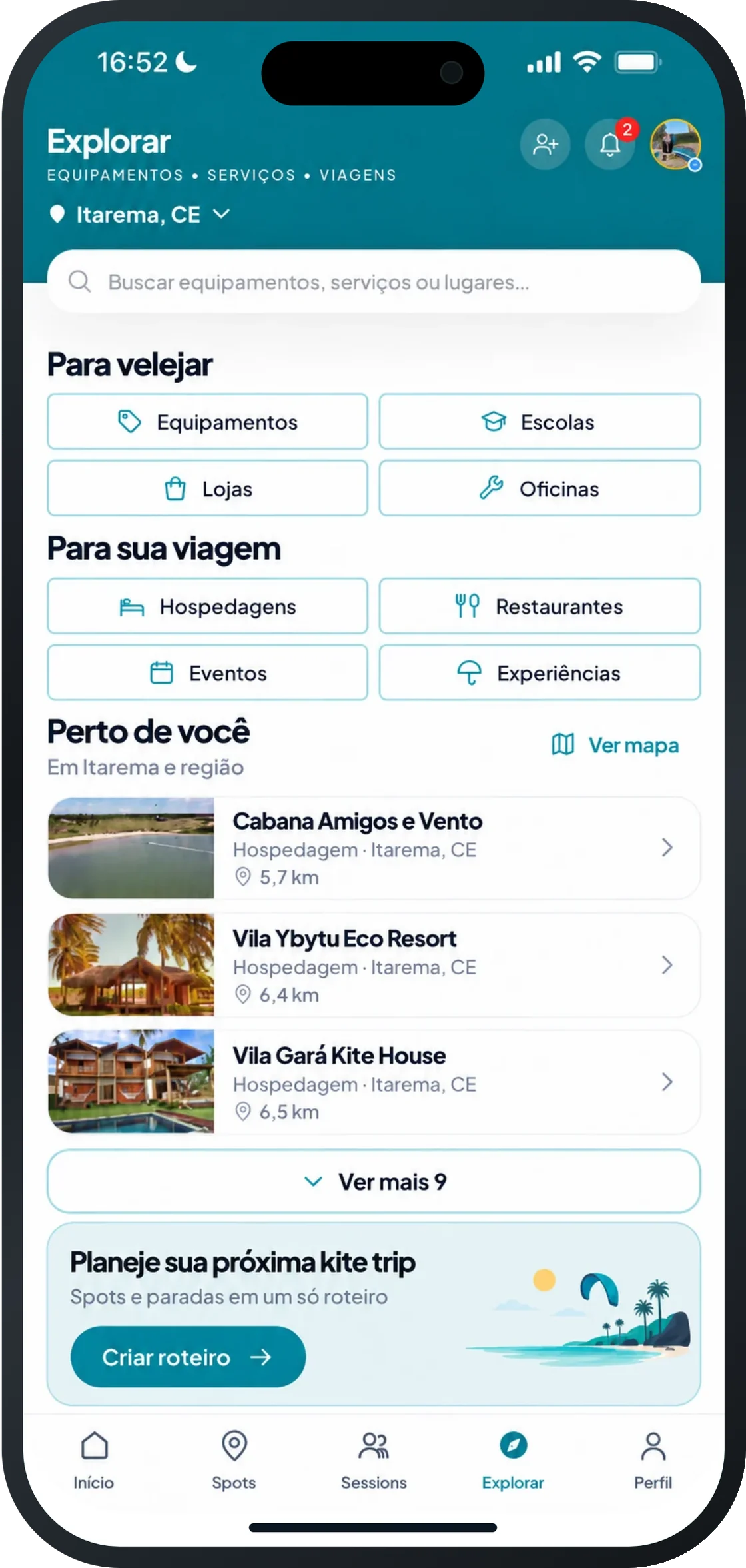 A aba Explorar do app Kite Sessions, com escolas, hospedagem e serviços perto do spot