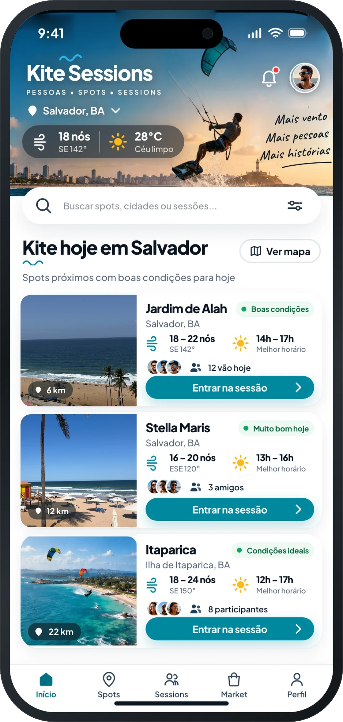 Tela inicial do app, com os spots de hoje em Salvador