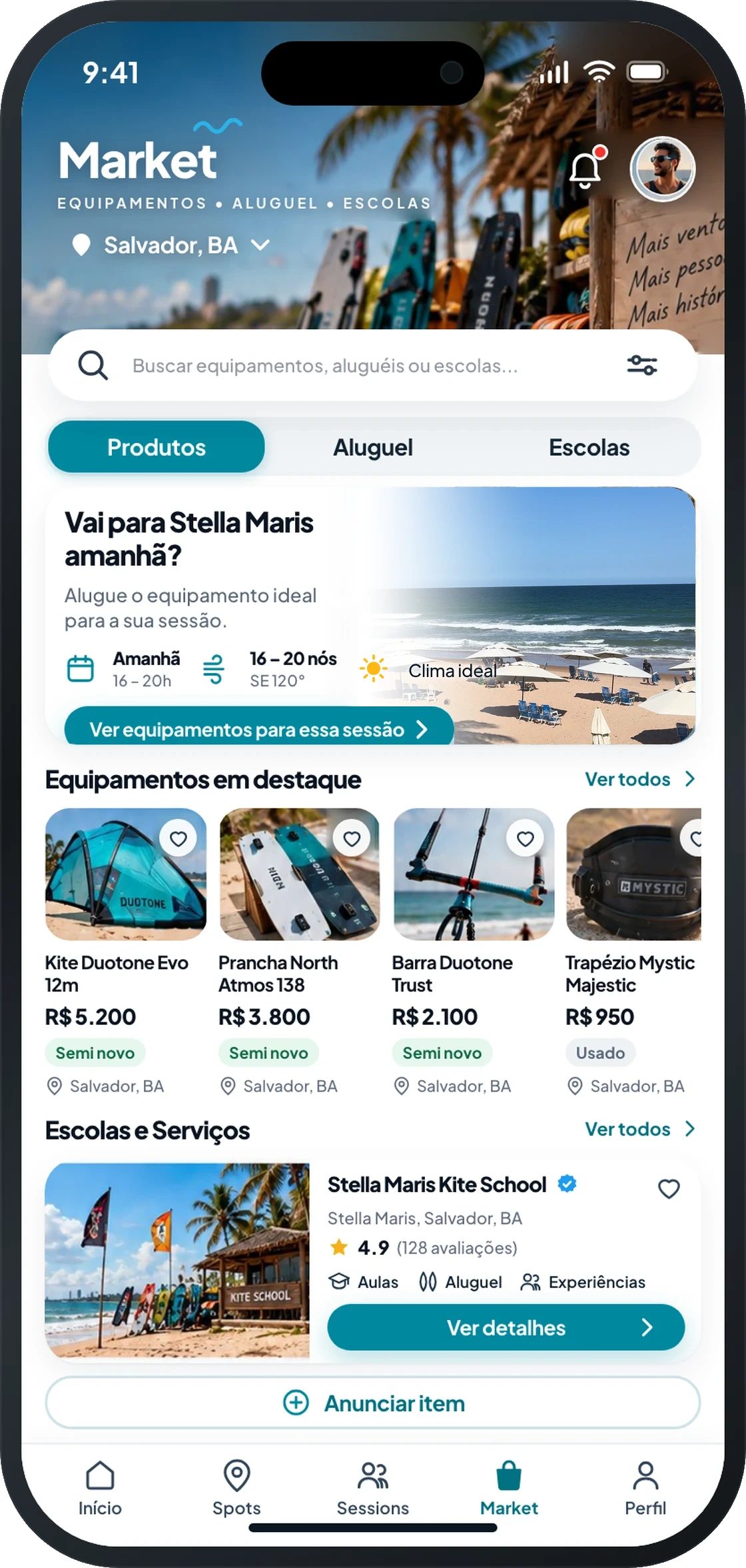 Tela do Market, com equipamento à venda e escolas