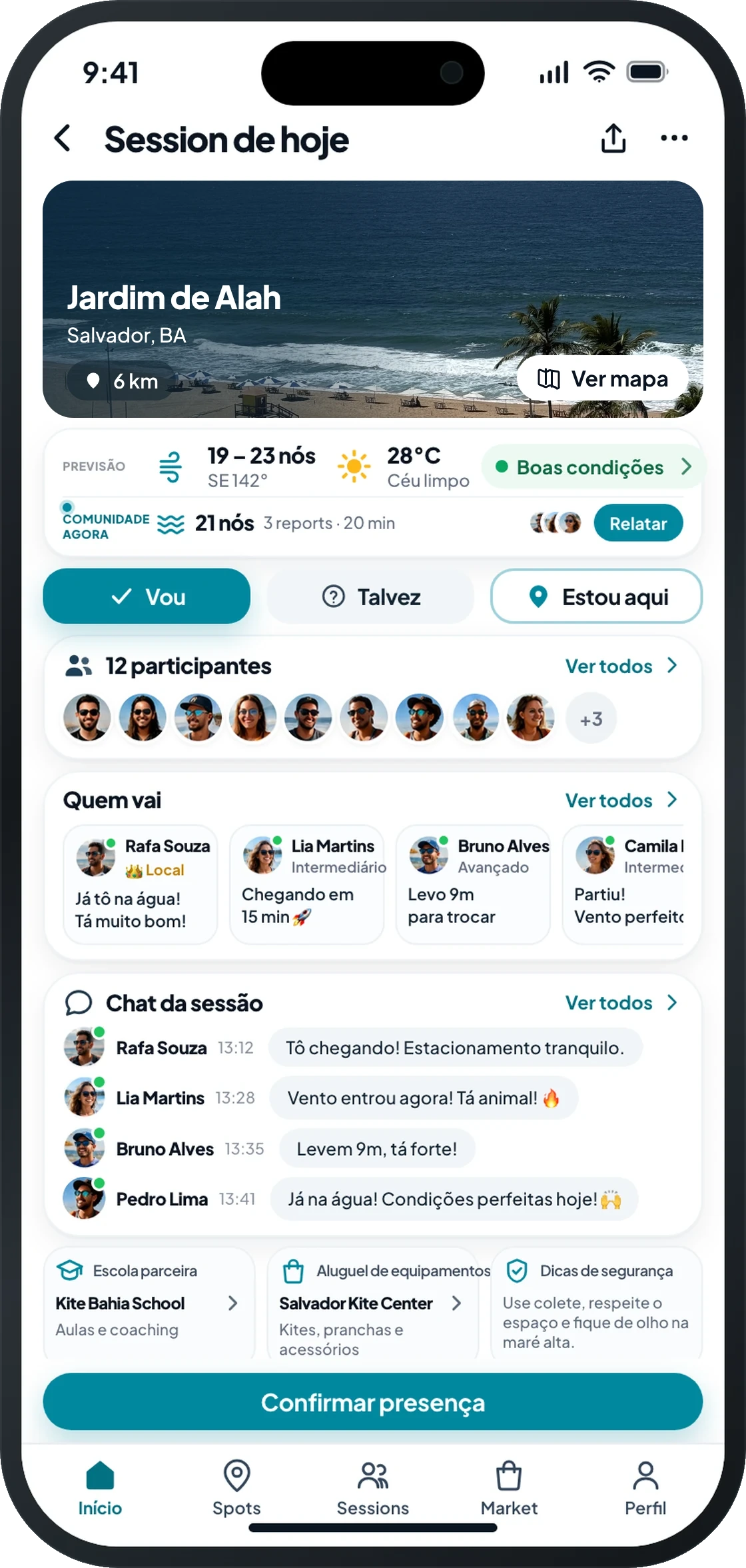 Tela de uma session, com previsão, relato da comunidade e participantes