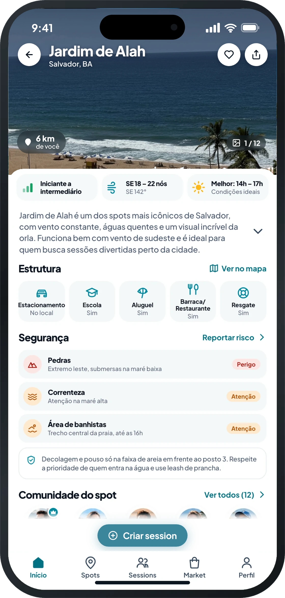 Tela de um spot no app, com condição, estrutura e riscos