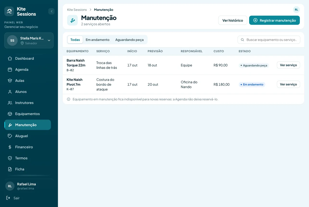 Tela de manutenção do painel, com dois serviços abertos, previsão de entrega e custo